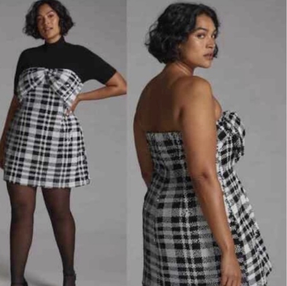 Eva Franco Anthropologie  Black and White Plaid Strapless Dress